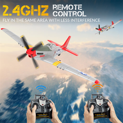 volantex rc plane p51d v2 red tail flying over mountains with 2.4ghz remote control