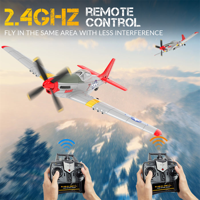 volantex rc plane p51d v2 red tail flying over mountains with 2.4ghz remote control