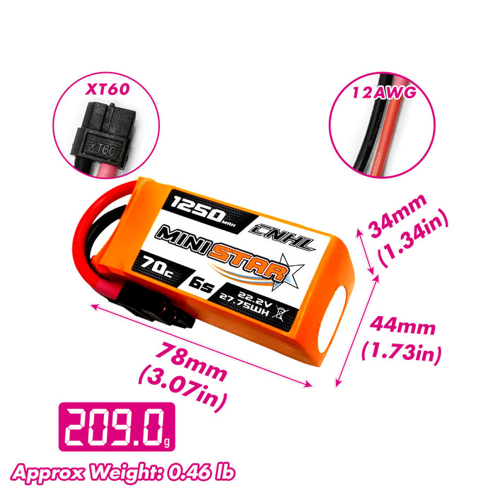 CNHL Ministar 1250MAH 22.2V 6S 70C Batteria Lipo con spina XT60