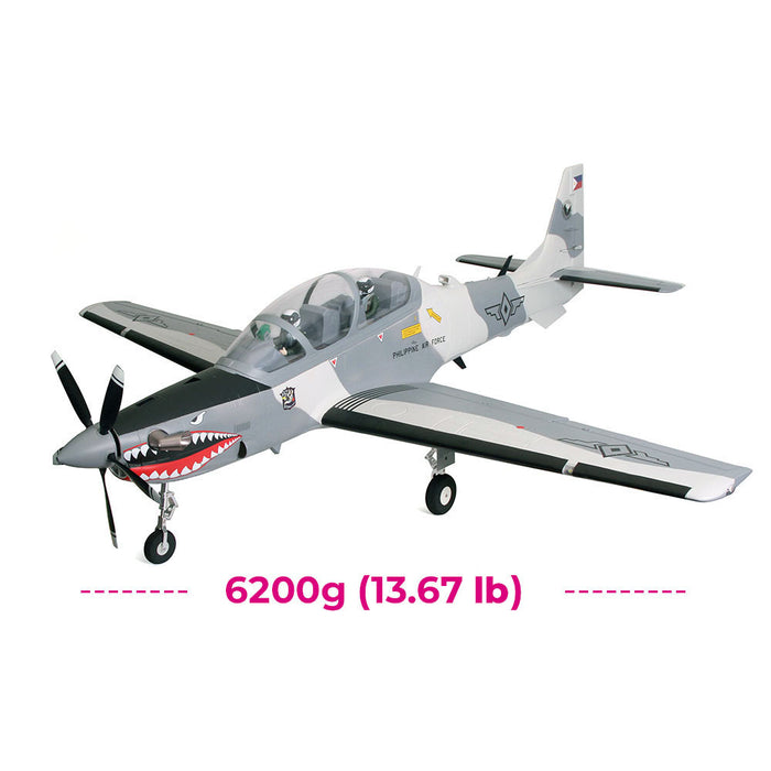 CNHL Super Tucano 1600mm RC plane showing 6200g (13.67 lb) flying weight with scale details