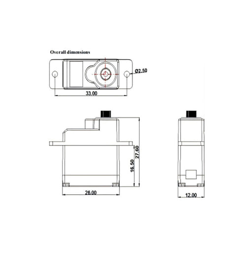 Dimension diagram of CNHL 16g micro servo showing mounting measurements and output shaft layout