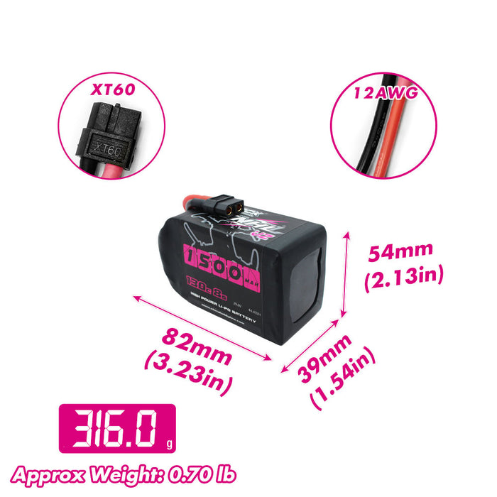 Size and weight overview of cnhl 1500mah 8s 130c lipo battery