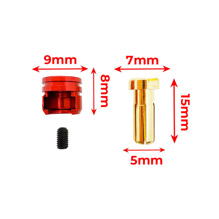 5mm heatsink bullet plug grip dimensions showing red grip, set screw and 5mm bullet connector size for hardcase LiPo batteries.