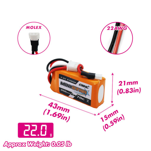 Size and weight overview of cnhl 350mah 2s 70c lipo battery