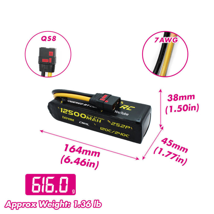 Size and weight overview of cnhl 12500mah 2s 120c lipo battery