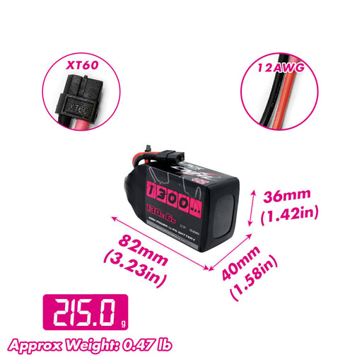 Size and weight overview of cnhl 1300mah 6s 130c lipo battery