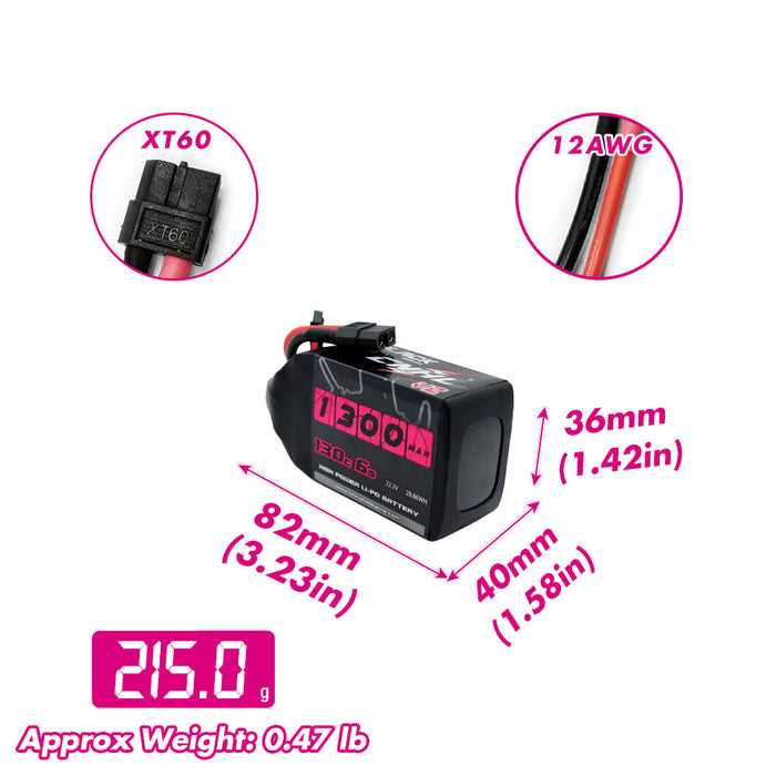 Size and weight overview of cnhl 1300mah 6s 130c lipo battery