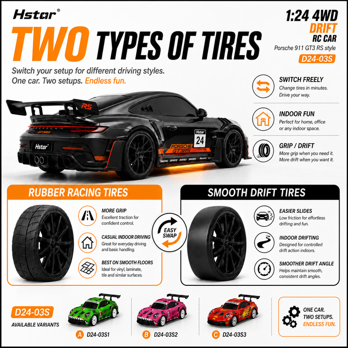 Hstar D24-03S Porsche 911 style RC car with smooth drift tires and rubber racing tires