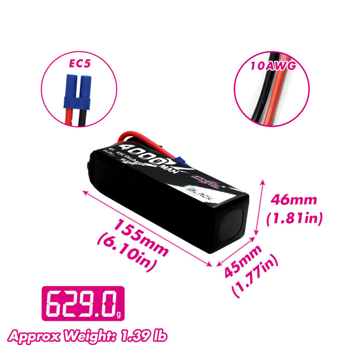 CNHL Black Series 4000mAh 22.2V 6S 65C Lipo Battery with EC5 Plug