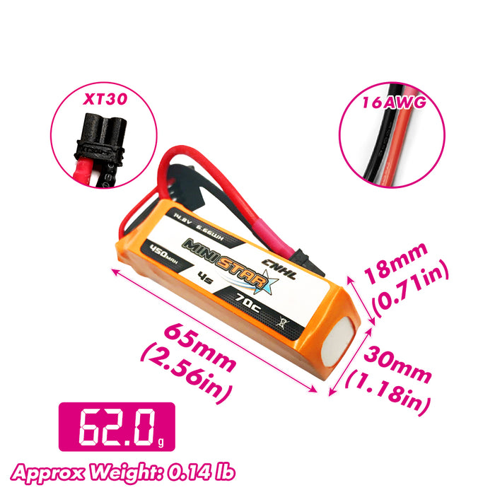 CNHL MiniStar 4S 450mAh 70C Lipo Battery with Dimensions