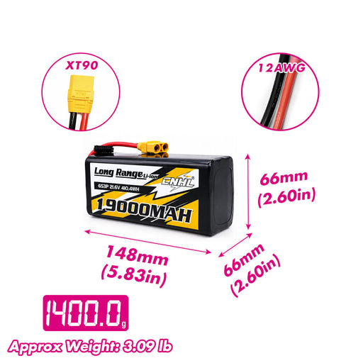 CNHL Long Range Series 19000mAh 21.6V 6S 21700 Li-ion Battery with XT90 Plug size and weight