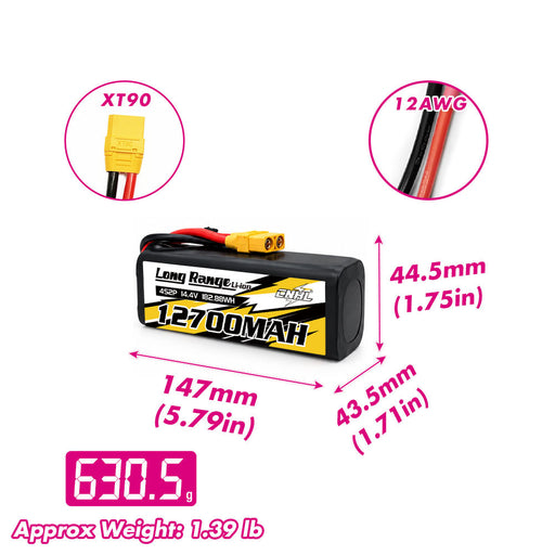 CNHL Long Range Series 12700mAh 14.4V 4S 21700 Li-ion Battery with XT90 Plug size and weight