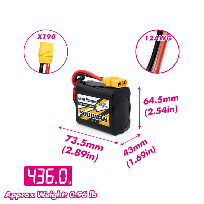 CNHL Long Range Series 5000mAh 21.6V 6S 21700 Li-ion Battery with XT90 Plug size and weight