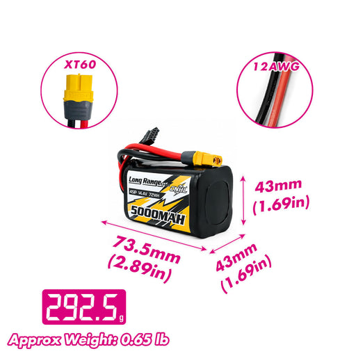 CNHL Long Range 5000mAh 14.4V 4S 21700 Li-ion Battery with XT60 size & weight