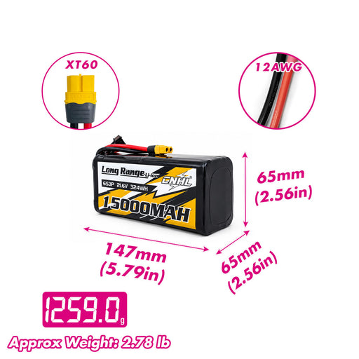 CNHL Long Range Series 15000mAh 21.6V 6S 21700 Li-ion Battery with XT60 Plug size and weight