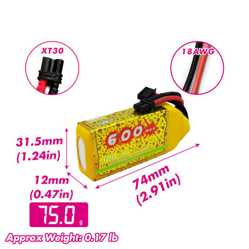 Spec of CNHL Pizza Series 600mAh 14.8V 4S 120C Lipo Battery With XT30U For Cinewhoop