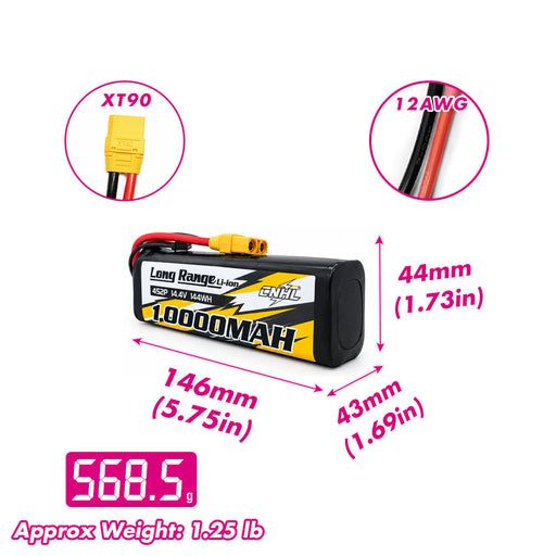 CNHL Long Range Series 10000mAh 14.4V 4S 21700 Li-ion Battery with XT90 Plug size and weight