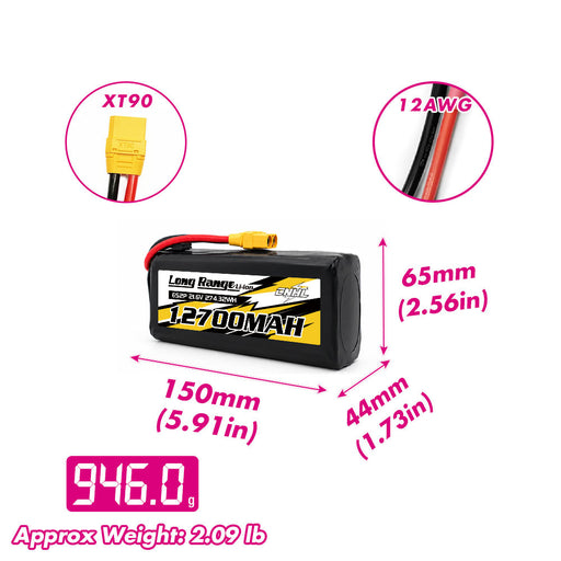 CNHL Long Range Series 12700mAh 21.6V 6S 21700 Li-ion Battery with XT90 Plug size and weight
