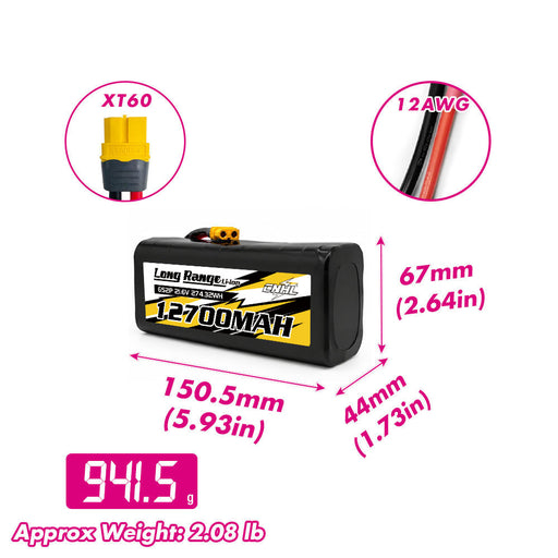 CNHL Long Range Series 12700mAh 21.6V 6S 21700 Li-ion Battery with XT60 Plug size and weight