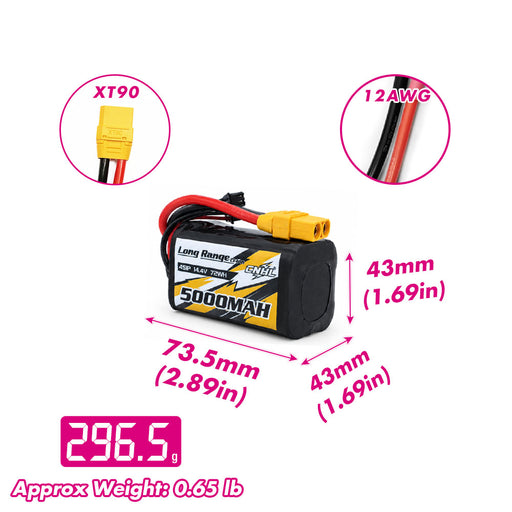 CNHL Long Range Series 5000mAh 14.4V 4S 21700 Li-ion Battery with XT90 Plug size and weight