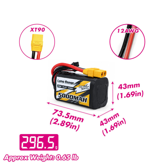 CNHL Long Range Series 5000mAh 14.4V 4S 21700 Li-ion Battery with XT90 Plug size and weight
