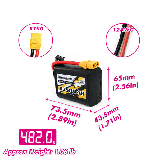 CNHL Long Range Series 6350mAh 21.6V 6S 21700 Li-ion Battery with XT90 Plug size and weight