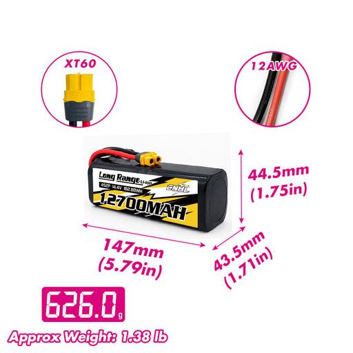 CNHL Long Range Series 12700mAh 14.4V 4S 21700 Li-ion Battery with XT60 Plug size and weight