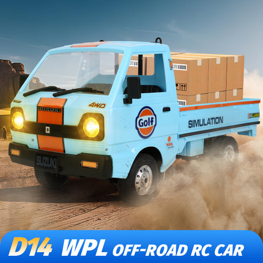 WPL D14 1/10 off-road RC pickup truck with blue body and rear cargo bed kicking up dust