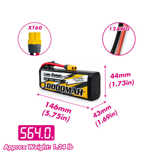 CNHL Long Range Series 10000mAh 14.4V 4S 21700 Li-ion Battery with XT60 Plug size and weight