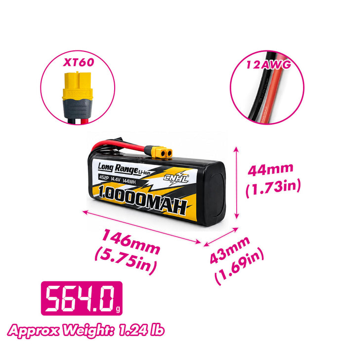 CNHL Long Range Series 10000mAh 14.4V 4S 21700 Li-ion Battery with XT60 Plug size and weight