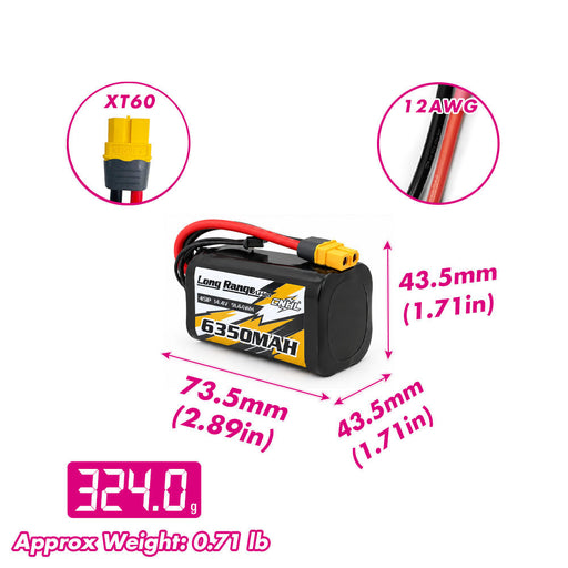 CNHL Long Range Series 6350mAh 14.4V 4S 21700 Li-ion Battery with XT60 Plug size and weight