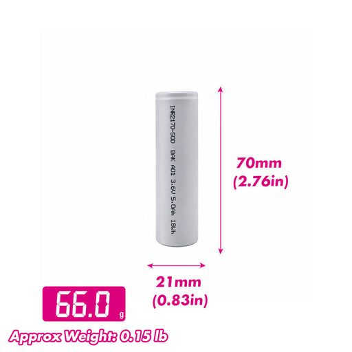 BAK 50D 5000mAh 21700 Li-ion battery cell dimensions 21x70mm and approximately 66g