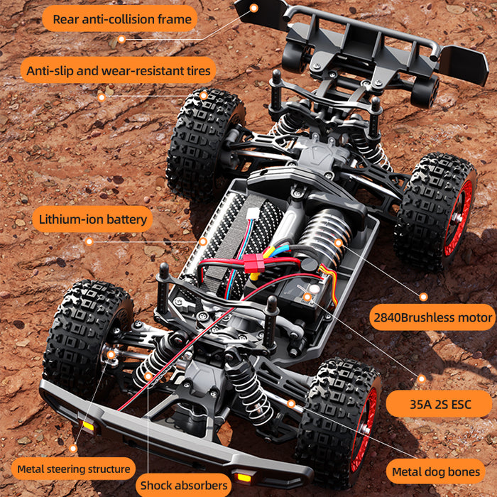 SCY 18103 Pro exploded chassis view showing brushless motor, 35A ESC, metal differential, and alloy chassis