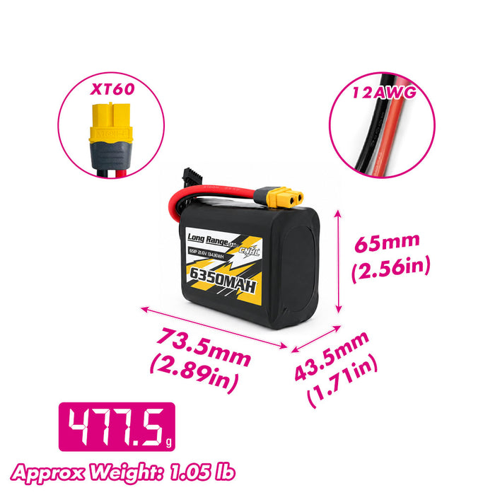 CNHL Long Range Series 6350mAh 21.6V 6S 21700 Li-ion Battery with XT60 Plug size and weight