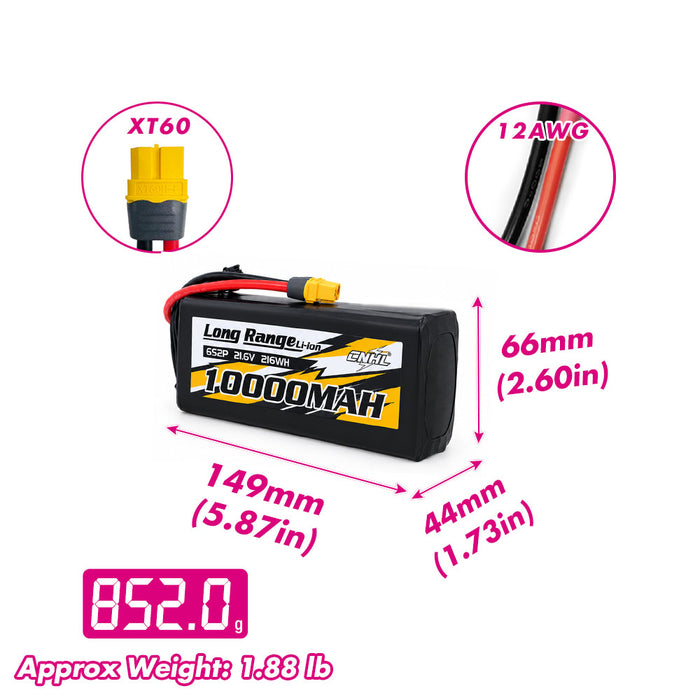 CNHL Long Range Series 10000mAh 21.6V 6S 21700 Li-ion Battery with XT60 Plug size and weight