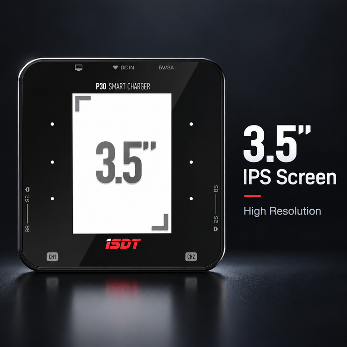 ISDT P30 3.5 inch IPS display showing detailed battery charging data