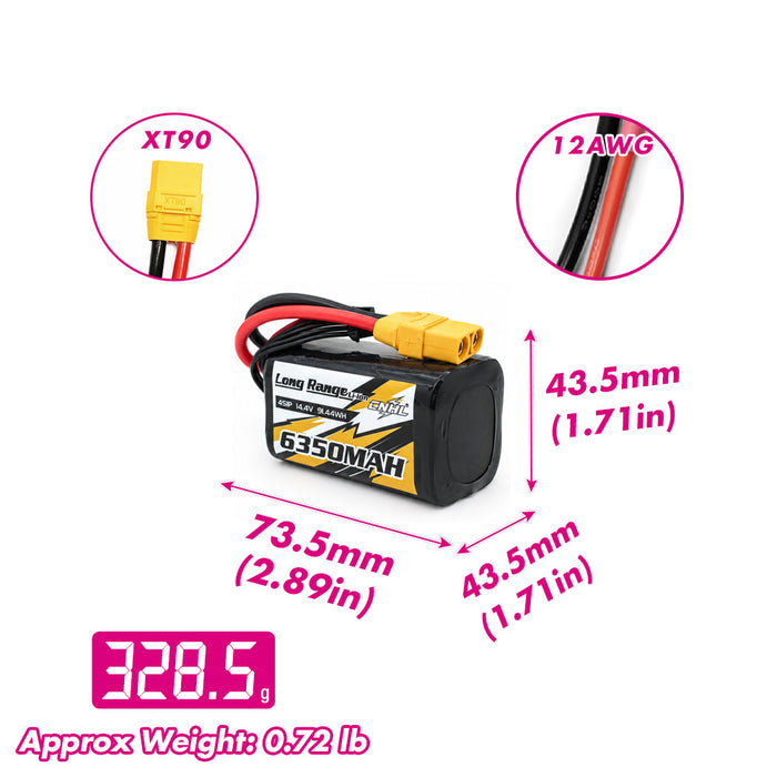 CNHL Long Range Series 6350mAh 14.4V 4S 21700 Li-ion Battery with XT90 Plug size and weight