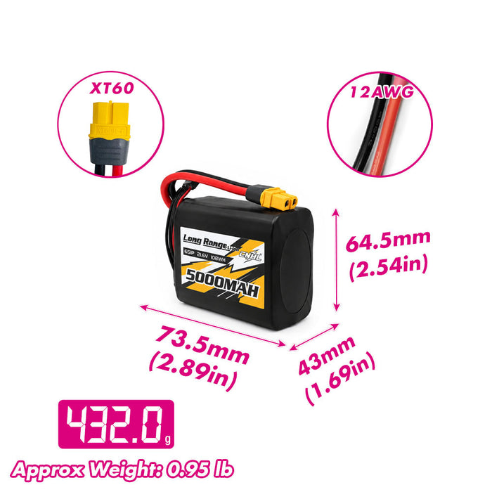 CNHL Long Range Series 5000mAh 21.6V 6S 21700 Li-ion Battery with XT60 Plug size and weight