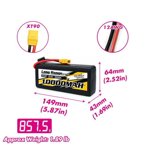CNHL Long Range Series 10000mAh 21.6V 6S 21700 Li-ion Battery with XT90 Plug size and weight