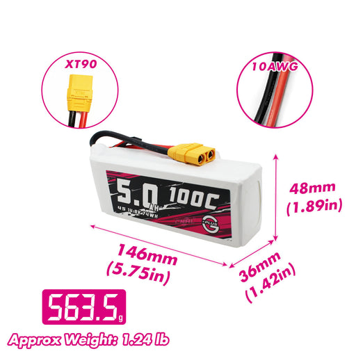 Size and weight overview of cnhl 5000mah 4s 100c lipo battery