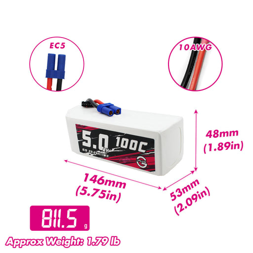 Size and weight overview of cnhl 5000mah 6s 100c lipo battery