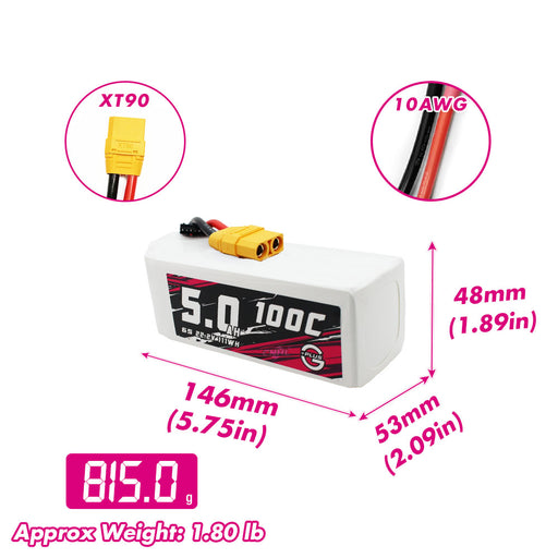 Size and weight overview of cnhl 5000mah 6s 100c lipo battery