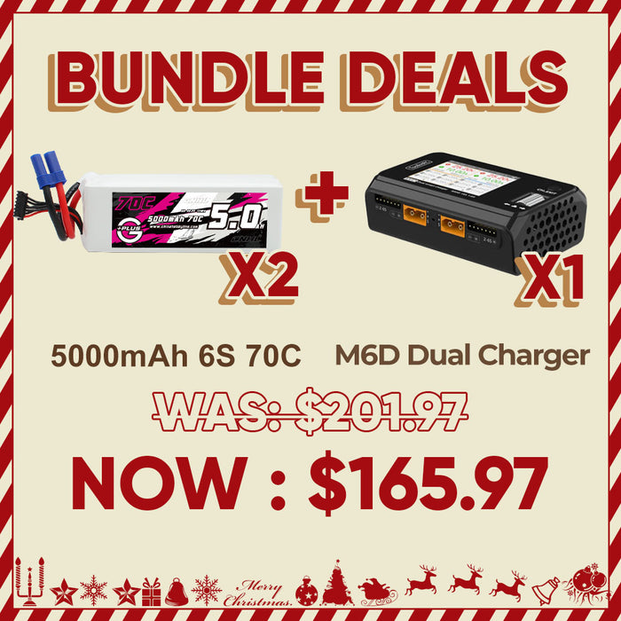 2 sets van 6 stuks 5000mAh 70c EC5 & 1 set ToolkitRC M6D dubbele oplader