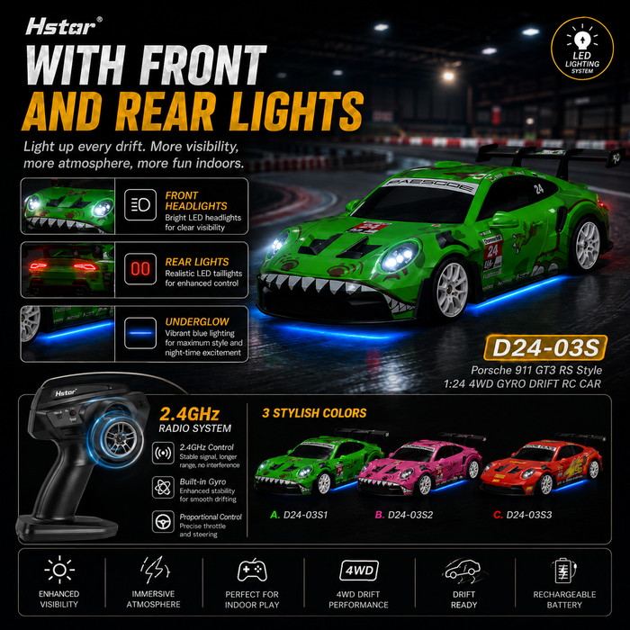 Hstar D24-03S Porsche 911 style RC drift car with front lights rear lights and underglow