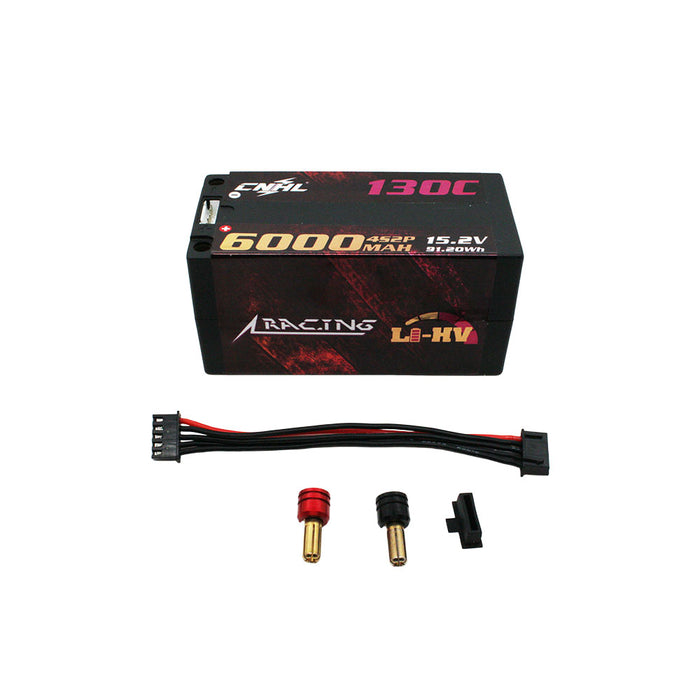 بطارية LiPo من سلسلة CNHL Racing بسعة 6000mAh وجهد 15.2V، ‏4S، بمعدل تفريغ 130C، من نوع LiHV Shorty Hardcase، مع زوج واحد من مقابض موصلات Bullet Plug بمشتت حراري 5mm