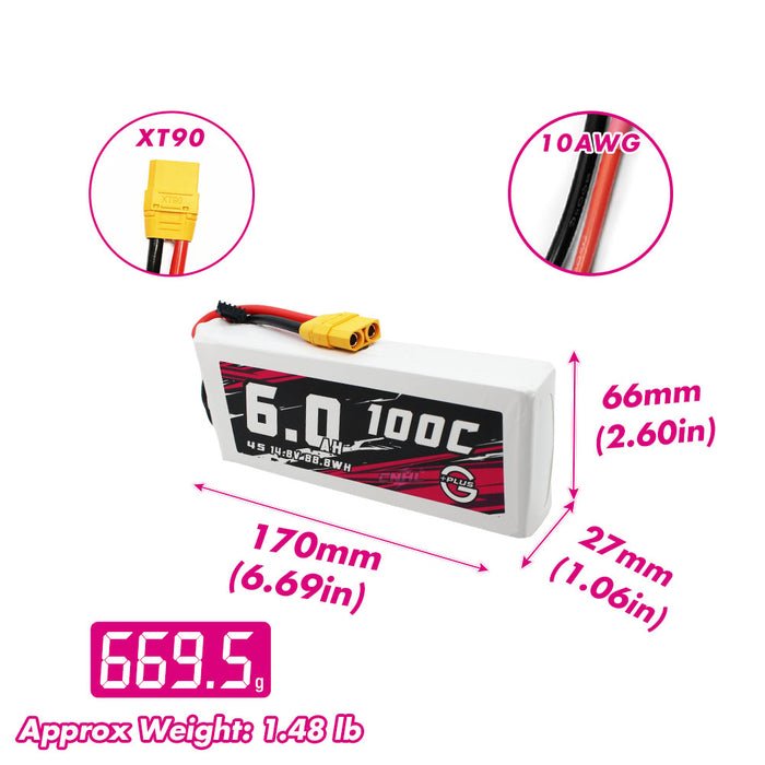 Size and weight overview of cnhl 6000mah 4s 100c lipo battery
