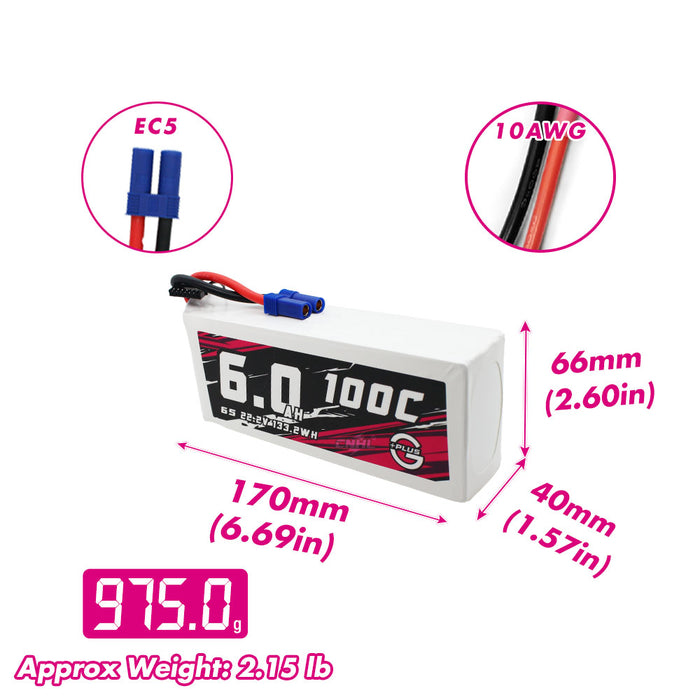 Size and weight overview of cnhl 6000mah 6s 100c lipo battery