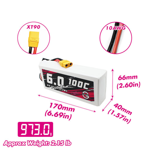 Size and weight overview of cnhl 6000mah 6s 100c lipo battery