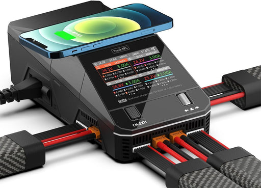 ToolkitRC Q6AC LiPo battery charger front and side view with XT60, XT30, USB-C, USB-A and wireless charging pad