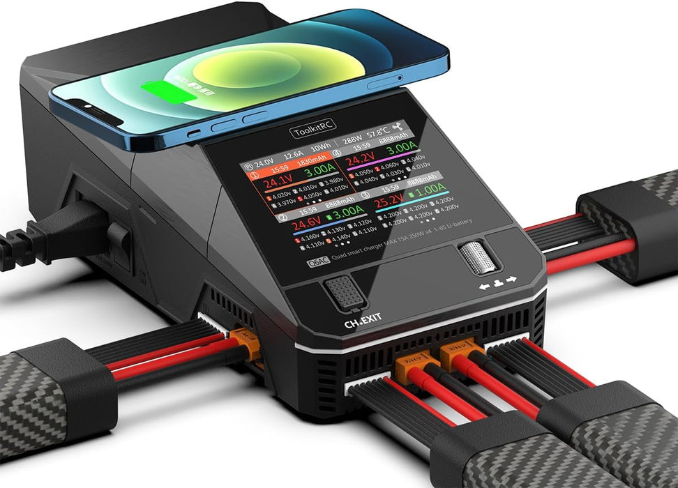 ToolkitRC Q6AC LiPo battery charger front and side view with XT60, XT30, USB-C, USB-A and wireless charging pad